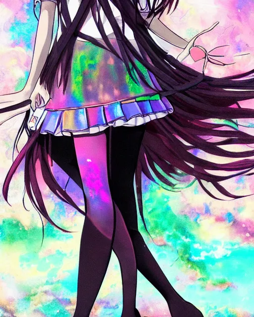 Image similar to 'a painted soul that is imagining becoming a iridescent as a cute and pretty mentally insane girl inquisitively smirks at you' 'pretty and cute teen girl wearing a private school uniform, skirt and knee high black leggings with mental insanity imagines an image of a psychic iridescent state of lucid reality.' ultra detailed realistic anime style at 16K resolution. epically surreally beautiful image. rendering amazing detail. vivid clarity. ultra shadowing. mind-blowing quality. really cool 3D shadowing. masterpiece illustration.