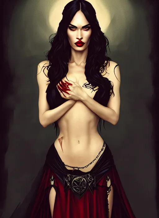 Prompt: megan fox witch queen, black eyes, blood, full body, intricate victorian dress, middle shot, cinematic lighting, symmetrical eyes, caravaggio, joshua middleton, rafael albuquerque, charlie bowater, moody lighting, candles