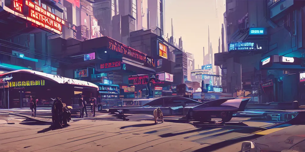 Image similar to art style by Ben Aronson and Edward Hopper and Syd Mead, wide shot view of the Cyberpunk 2077, on ground level.