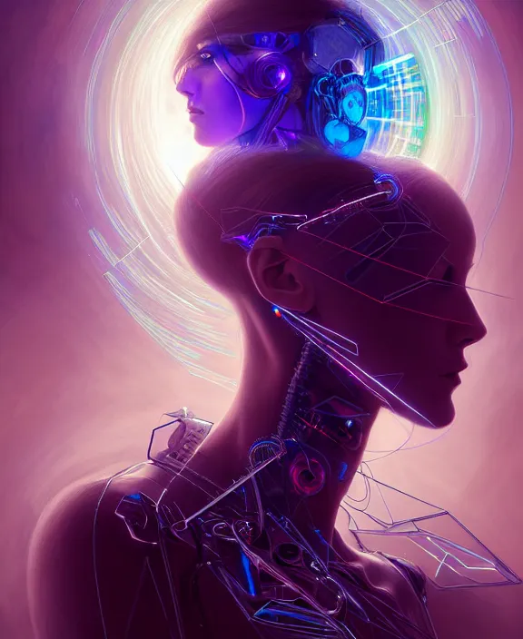 Image similar to a whirlwind of souls rushing inside the metaverse, hologram, half body, neurochip, shaved temple, piercing, jewelry, android, cyborg, cyberpunk face, by loish, d & d, fantasy, intricate, elegant, highly detailed, colorful, digital painting, artstation, concept art, art by artgerm and greg rutkowski and alphonse mucha