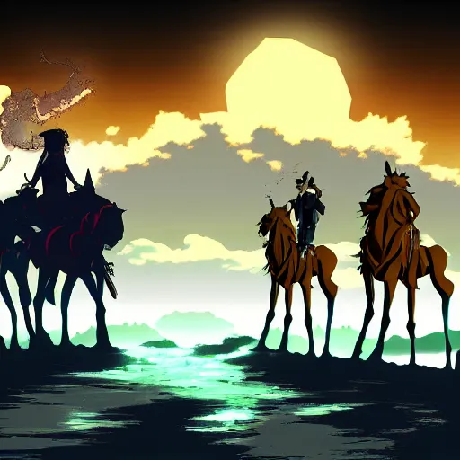 Image similar to Anime style, desert at night filled with centaurs, tall white tower in the background, HD,