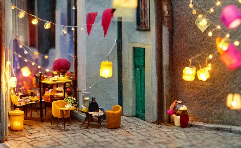 Prompt: mini cafe diorama macro photography, alleyway, cafe for felted animals, ambient, colorful paper lanterns, atmospheric photograph, string lights, romantic