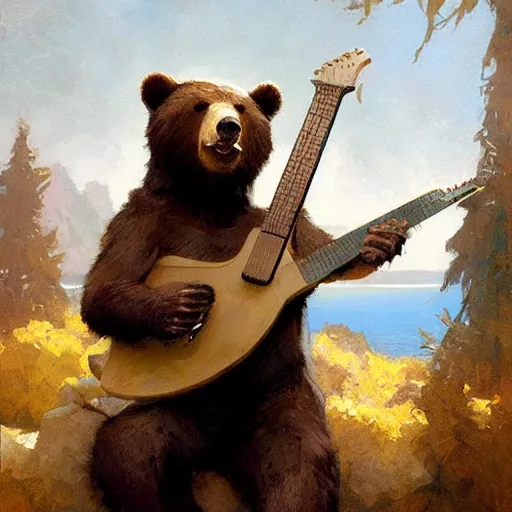 Image similar to realistic bear playing angular guitar, fantasy character portrait by Greg Rutkowski, Craig Mullins, Gaston Bussiere