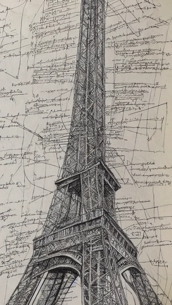 Image similar to architectural design studies of Eiffel Tower, schematics, notes, different closeup view, drawn by Leonardo da Vinci, chinese inkpen draw, artistic, intricated details