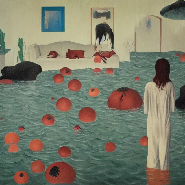 Image similar to tall female emo artist in her flooded apartment, water gushing from ceiling, painting of flood waters inside an artist's home, a river flooding indoors, pomegranates, pigs, ikebana, zen, water, octopus, river, rapids, waterfall, black swans, canoe, berries, acrylic on canvas, surrealist, by magritte and monet