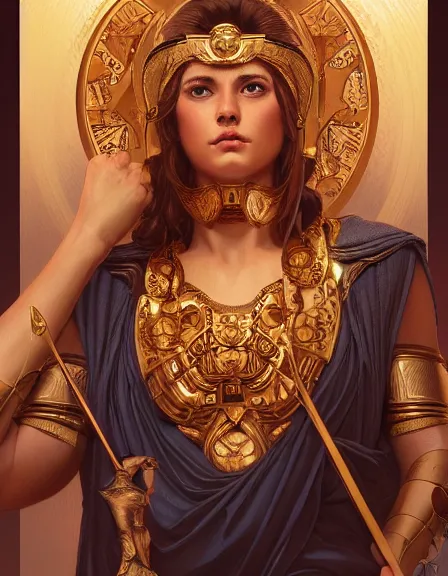 Prompt: athena goddess of wisdom, love, strength, knowledge, portrait, symmetrical, highly detailed, digital painting, artstation, concept art, smooth, sharp focus, illustration, cinematic lighting, strength, art by artgerm and greg rutkowski and alphonse mucha and louis theophile hingre