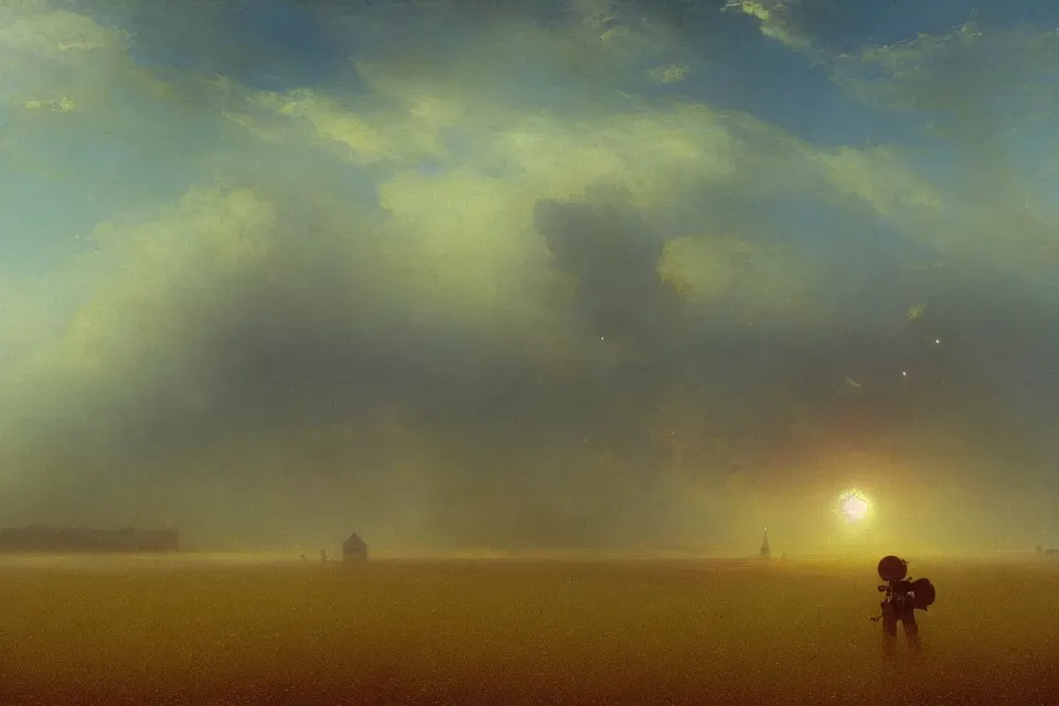 Prompt: sci-fi painting of a large alien city on the vast wheat fields, the closed back view of one humanoid robot on the ground, by Ivan Aivazovsky, godrays, atmospheric, cinematic, detailed