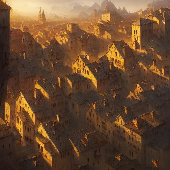 Image similar to matte painting by marc simonetti, jonathan solter, greg rutkowski of a small village, masterpiece, cinematic, hyperdetailed, photorealistic, hyperrealism, architecture, aerial view,