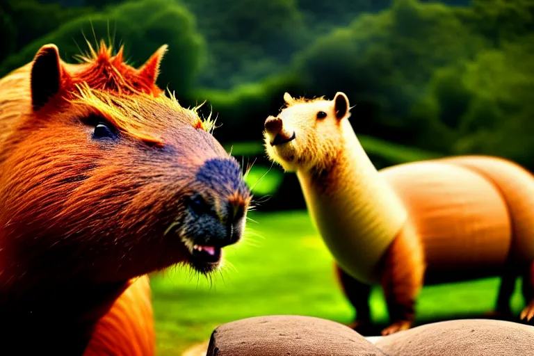 Image similar to two animals : a capybara and a dragon, a dragon growls at a capybara, many details, high quality, 8 k