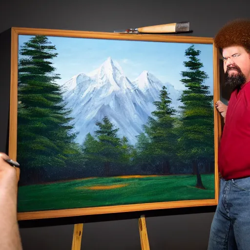 Image similar to a closeup photorealistic photograph of bob ross painting an image of kenny powers pitching a baseball on a canvas. mountains and trees. film still. brightly lit scene. this 4 k hd image is trending on artstation, featured on behance, well - rendered, extra crisp, features intricate detail, epic composition and the style of unreal engine.