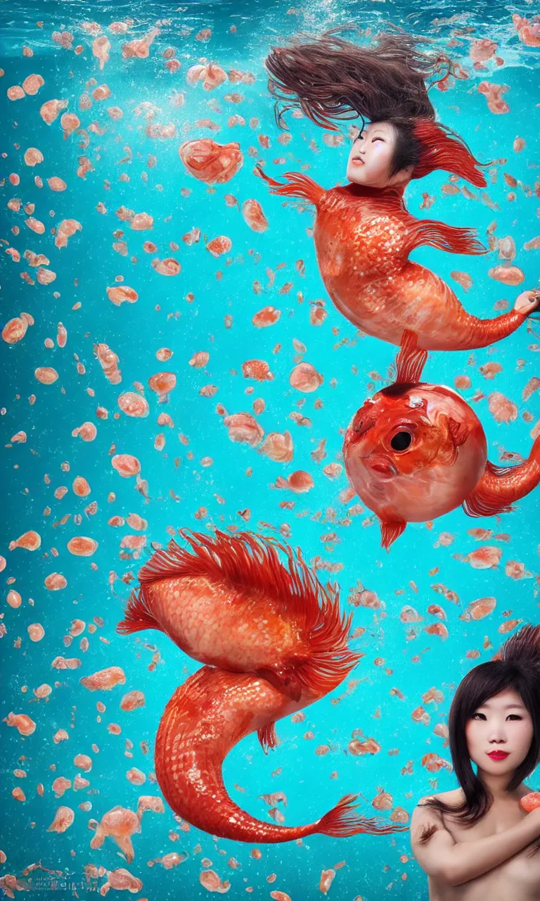 Image similar to head fish Chinese woman body surrealistic mermaid, half fish half Chinese woman , fish head, diving in the air rounded by jelly clouds made by national geographic underwater photographer 4k, 8k,