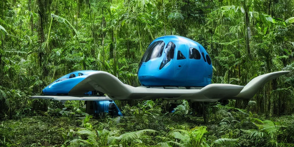 Image similar to avatar spaceship landing in the jungle, industrial maintenance shuttle vehicle, forest, jungle