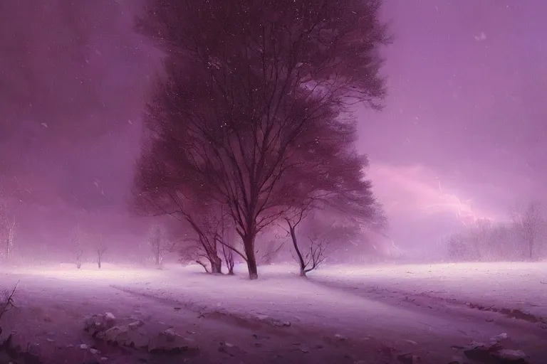 Image similar to a beautiful oil painting of a valley covered in snow, trees with purple, thunderstorm in the sky, blue lighting, gloomy, atmospheric lighting, detailed, beautiful!!, purple bioluminescence, by greg rutkowski, trending on artstation