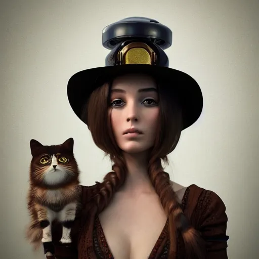 Prompt: a portrait beautiful steampunk woman and her cute robot cat standing beside her by mario testino, long hair, aged 2 5, slovenian, wearing a travel hat, photo realistic, real life, octane render, trending on artstation