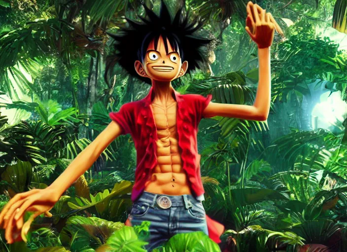 Image similar to a cg render of a colorful luffy in a noir galactic jungle, 8 k, unreal engine, detailed, hyperrealistic, octane