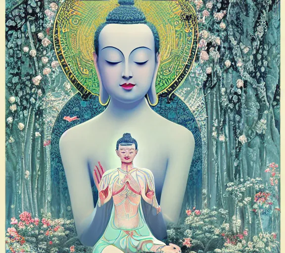 Prompt: breathtaking detailed concept art painting art deco pattern a beautiful buddha with pale skin on sitted on an intricate metal throne, hands pressed together in bow, light - blue flowers with kind piercing eyes and blend of flowers and birds, by hsiao - ron cheng and john james audubon, bizarre compositions, exquisite detail, volumetric lighting, 8 k h 1 0 2 4