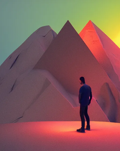 Image similar to a man standing in the middle of a mountain with a glowy neon triangle, a render by filip hodas, behance contest winner, environmental art, rendered in cinema 4 d, volumetric lighting