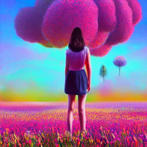 Image similar to girl made from surreal flowers, standing in flower field, surreal photography, big trees, sunrise dramatic light, impressionist painting, colorful clouds, digital painting, pointillism, artstation, simon stalenhag