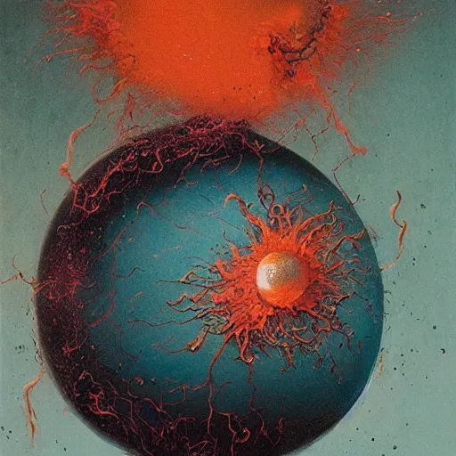 Image similar to a sphere being devoured by abstract splatters of paint in the style of francis bacon, venus being engulfed in flames in the style of james jean, surreal, beksinski, high detailed