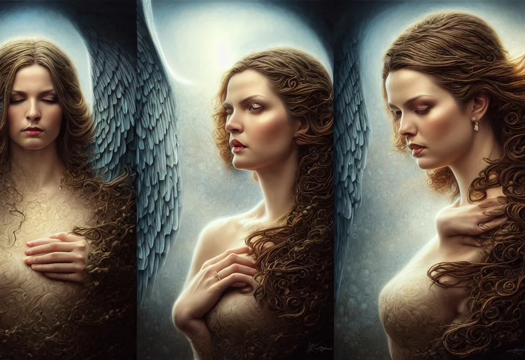 Image similar to picture split from the middle with an border, evil angels with different backrounds, intricate, elegant, highly detailed, realistic hair, centered, digital painting, art station, conceptual art, soft, sharp focus, illustration, artwork, artgerm, tomasz alen kopera, donato giancola, wlop, boris vallejo