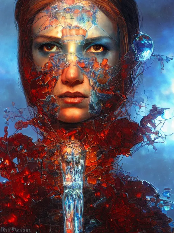 Prompt: symmetry closeup portrait of a transparent cyborg girl druid, shattered glass, cinematic light, backlight, red sky blue, misty, by mikhail vrubel, by philippe druillet, by peter elson, by gerald brom, muted colors, ( ( extreme detail ) ), trending on artstation, 8 k