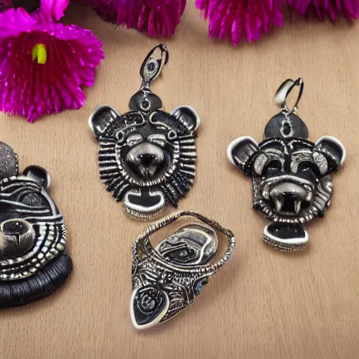 Image similar to jewelry inspired by the Haida Gwaii bear spirit, high detail, product photo