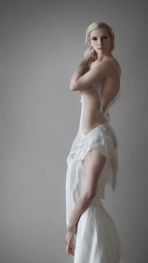 Image similar to emily skinner cosplaying annie leonhart wearing heels and wearing elegant white dress in a white room looking up, beautiful face, pale skin, rule of thirds, cinematic lighting, rainy weather, melancholy atmosphere, sharp focus, backlit, stunning, smooth, hard focus, full body shot, studio photo, shot on sony a 7 iii, hyper realistic,