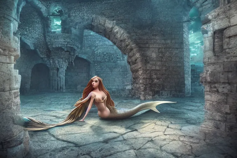 Image similar to the most amazing dream you ever had about a modern mermaid looking at an ancient castle ornated with old arabic script, hyper realistic, ambient lighting, concept art, intricate, hyper detailed, smooth, dynamic volumetric lighting, octane, cinematic