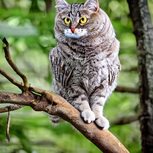 Prompt: cat owl hybrid perched on a tree