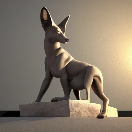 Image similar to ancient statue of Anubis the jackal god, seated at attention on a plinth, octane render, studio lighting