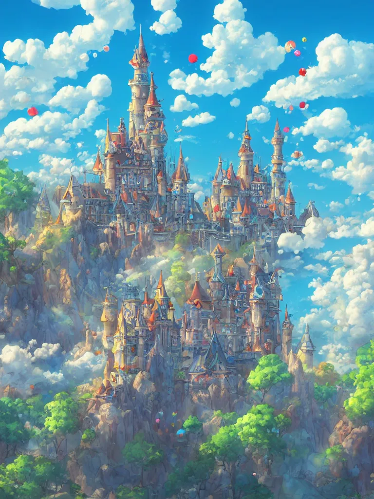 Prompt: photo cartoon illustration comics manga painting of pixiv, fantastic candy castle, blue skies and lots of clouds, fairy tales, bright colors and high picture, quality, by makoto shinkai, hdr, digital painting, unreal engine, 8 k, volumetric lighting, contrast