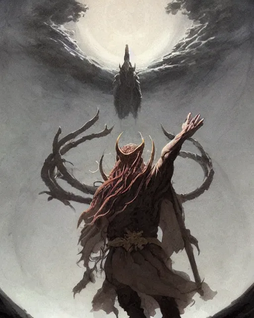 Image similar to a druid standing in a circle at the beginning of the world by greg rutkowski and frank frazetta and peter mohrbacher and william blake and ruan jia