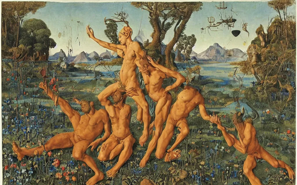 Image similar to a portrait photograph of a meditating satyr and a centaur monk riding a rocket machine and hunting at a river delta. surrounded by bulbous flowers and trees. mountain range under a blue sky of fiery stars. by jan van eyck, max ernst, ernst haeckel, ernst fuchs and artgerm, cgsociety, fashion editorial, 8 k