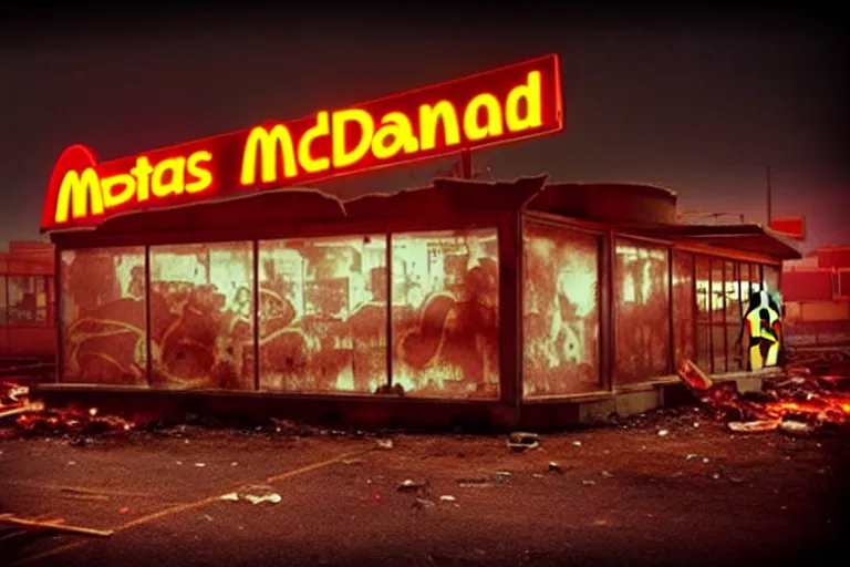 Prompt: post apocalyptic mcdonalds being used as a shelter, dystopian, fire, people huddled, night, neon sign, rust