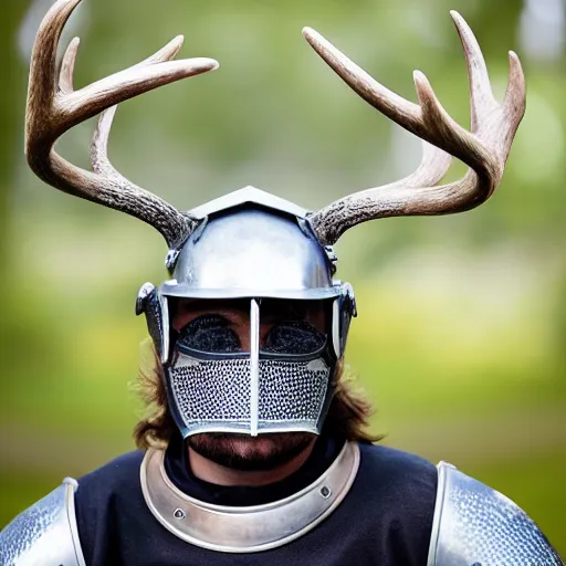 Prompt: a head and shoulders action portrait photo of a knight in a stag - themed helmet