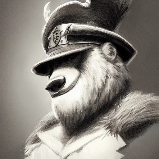 Image similar to dashing charming grinning charismatic bear beast-man rogue, wearing captain's tricorne hat, naval background, amazing, lifelike award winning pencil illustration trending on art station artgerm Greg rutkowski cinematic