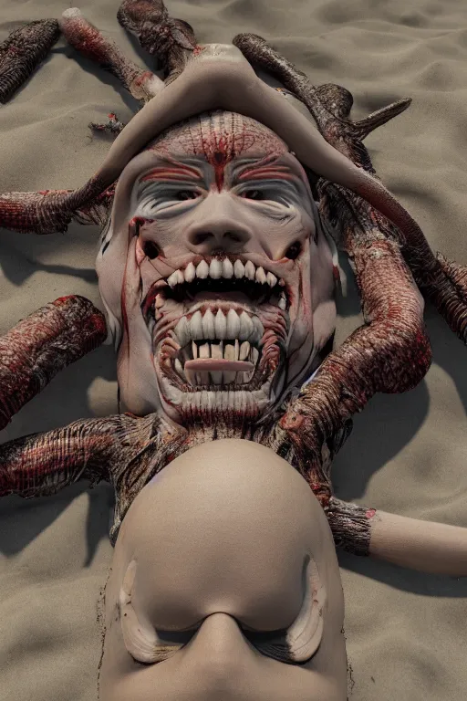 Prompt: beach blanket bingo, body horror, h.r. Giger, octane render