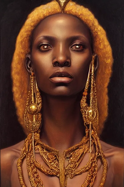 Prompt: hyper realistic painting portrait of african queen, occult diagram, elaborate details, detailed face, intrincate ornaments, gold decoration, occult art, oil painting, art noveau, in the style of roberto ferri, gustav moreau, jean delville, bussiere, saturno butto
