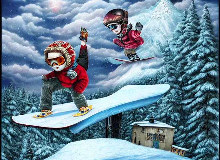 Image similar to snowboarding to another dimension, lowbrow, matte painting, 3 - d highly detailed, in the style of mark ryden,