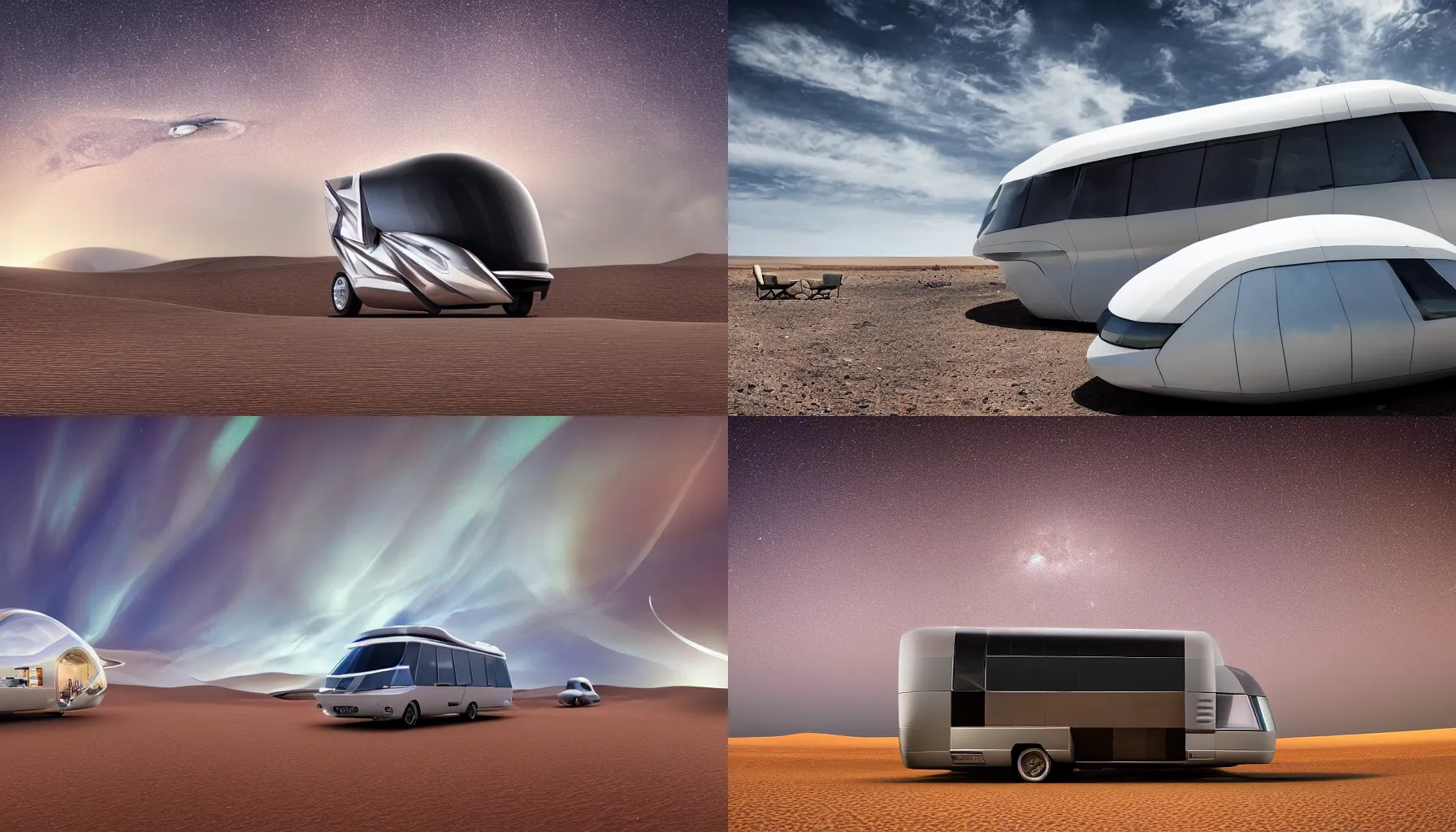 Image similar to professional photograph of a beautiful futuristic Winnebago designed by Buckminster Fuller and Zaha Hadid in a picturesque alien desert. Astronauts are camping nearby. Mammatus clouds worms eye shot, wide-angle, racking focus, extreme panoramic, Dynamic Range, HDR, chromatic aberration, Orton effect intricate, elegant, highly detailed, digital painting, artstation, concept art, smooth, sharp focus, illustration, art by artgerm and greg rutkowski and alphonse mucha