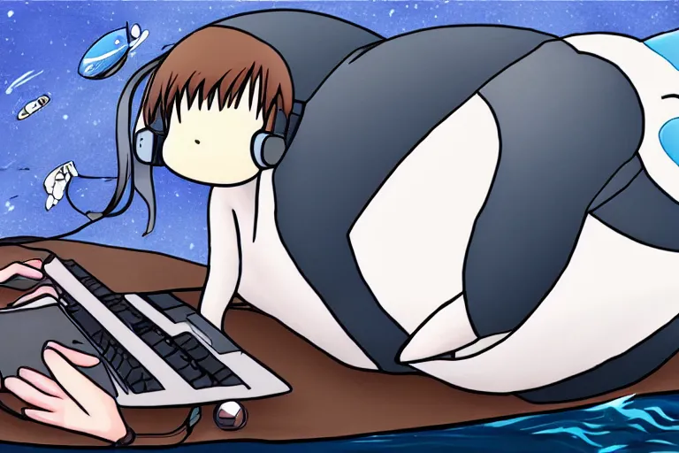Image similar to anime whale using a computer, anime cute whale