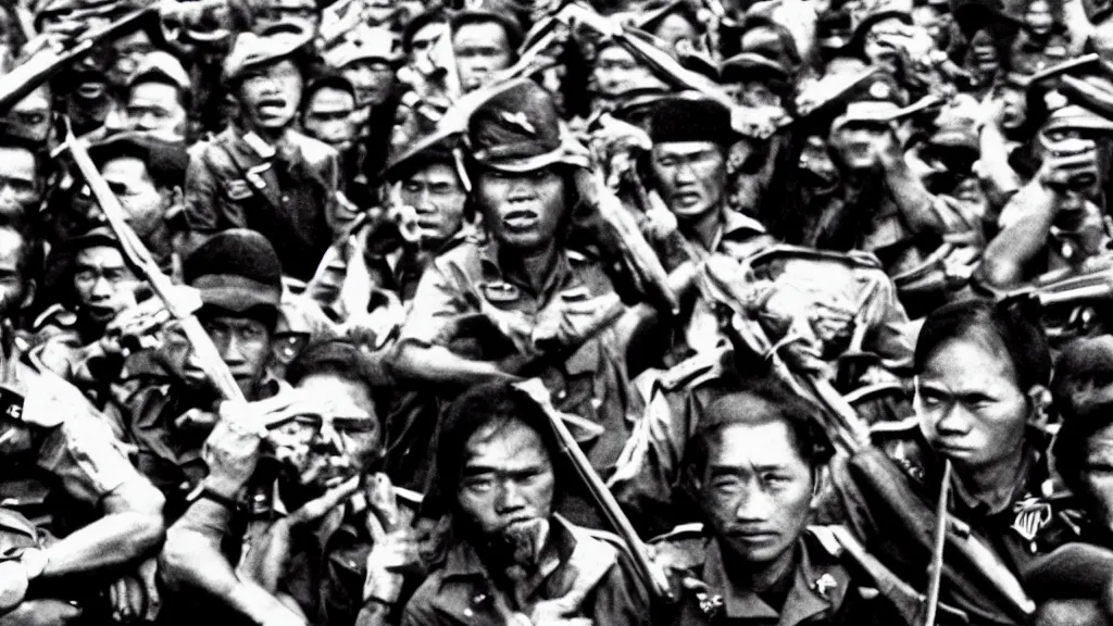 Prompt: A badass photo from a Films about the Indonesian National Revolution, flag, dictatorship, hyper detailed, 50mm, award winning photography, perfect faces.