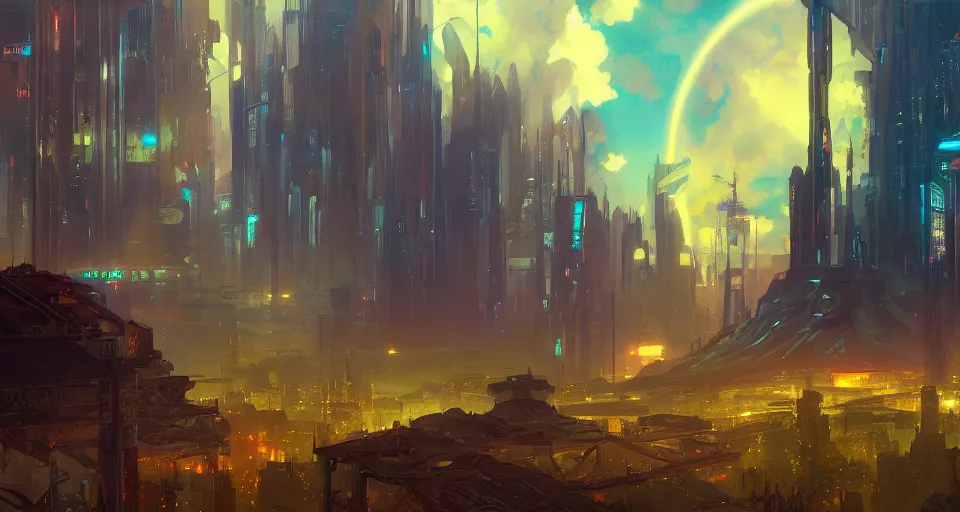 Prompt: A beautiful landscape painting of cyberpunk landscape by Alfons Maria Mucha and Don Bluth and Makoto Shinkai