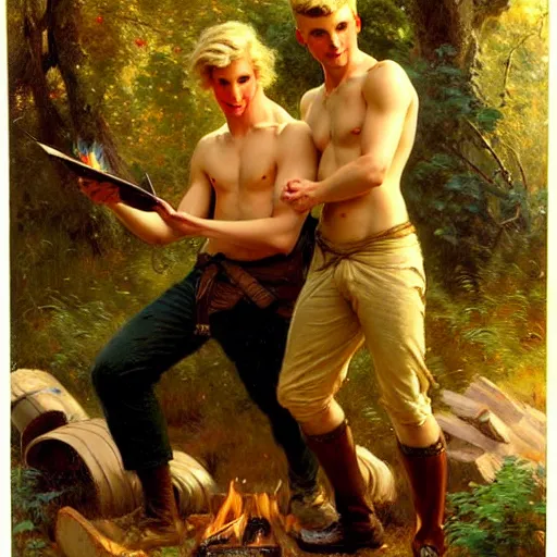 Image similar to attractive blonde male and attractive brunet male, in the woods near the fire. highly detailed painting by gaston bussiere, craig mullins, j. c. leyendecker 8 k