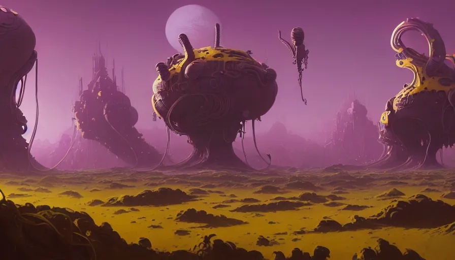 Image similar to highly detailed matte painting of a weird cryptobiological tangled alien landscape by atey ghailan, by greg rutkowski, by greg tocchini, by james gilliard, by joe fenton, purple, brown, black and yellow color scheme, octane render