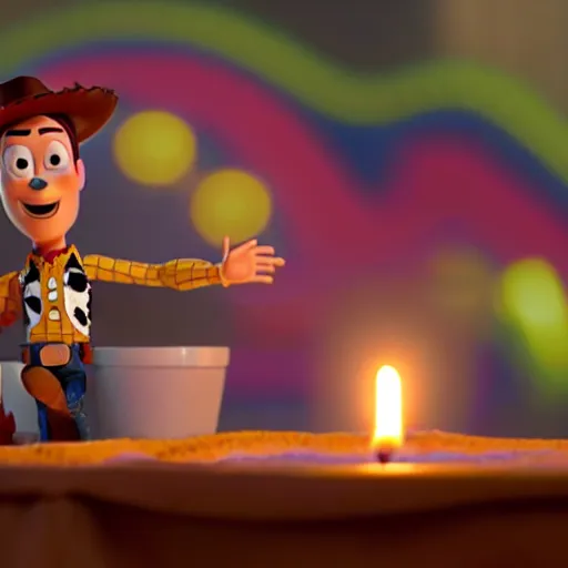 Image similar to close up of woody from toy story melting buzz light year over a candle, cinematographic shot, cartoon