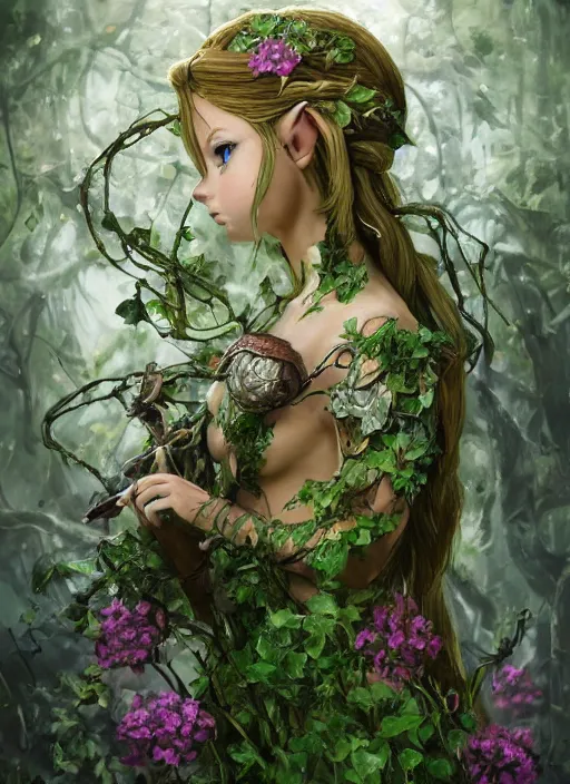 Image similar to beautiful full body portrait of the legend of Zelda ocarina of time great fairy, her body wrapped with ivy vines leaves and flowers, dark fantasy esoteric, D&D, fantasy, cinematic lighting, intricate, elegant, highly detailed, digital painting, artstation, concept art, matte, sharp focus, illustration, art by Artgerm and Tom Bagshaw and Greg Rutkowski and Alphonse Mucha