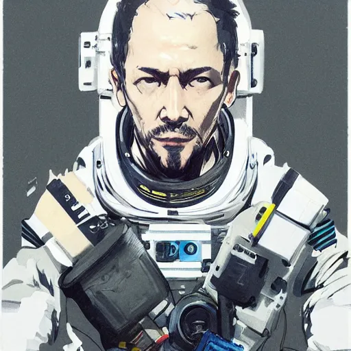 Image similar to portrait of an astronaut character in the style of Death Stranding by Yoji Shinkawa and Ashley Wood