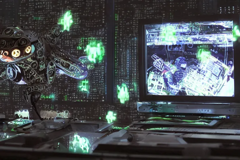 Prompt: cyborg - frog, surrounded by screens, in 2 0 5 5, y 2 k cybercore, industrial low - light photography, still from a ridley scott movie