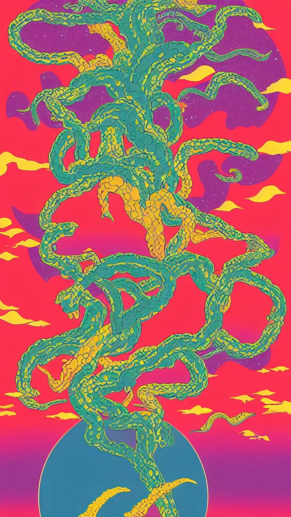 Image similar to a portrait of a lernaean hydra with human heads on an acid trip in a multicoloured rainbow in the cosmos, flat design, screen print by Kawase Hasui and dan hillier, 8k unreal engine